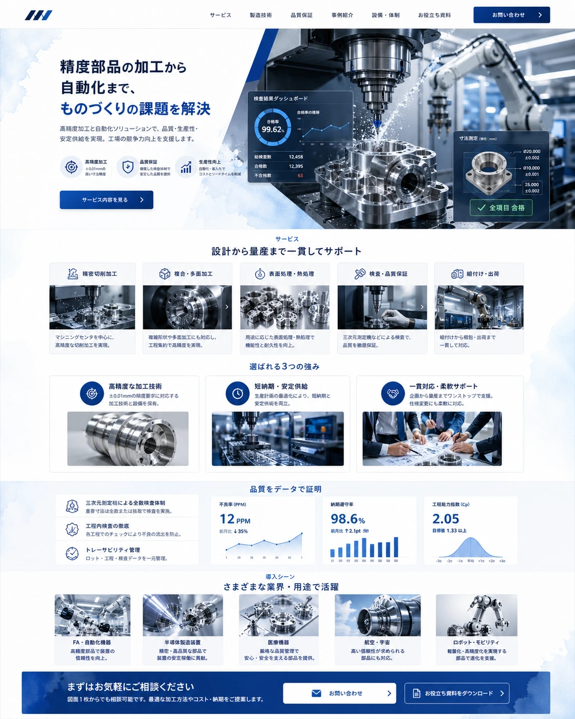 専門性と信頼感を伝える、製造業向けサービスサイト PC版の縦長全体ページを見せる